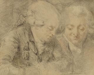 Gabriel-Jacques De Saint-Aubin - Portrait du marquis de Montalembert et du présumé président de Neuval (recto); Croquis d\'un putto à dos d\'aigle et d\'un homme, de profil, coiffé d\'un casque à plume (verso)