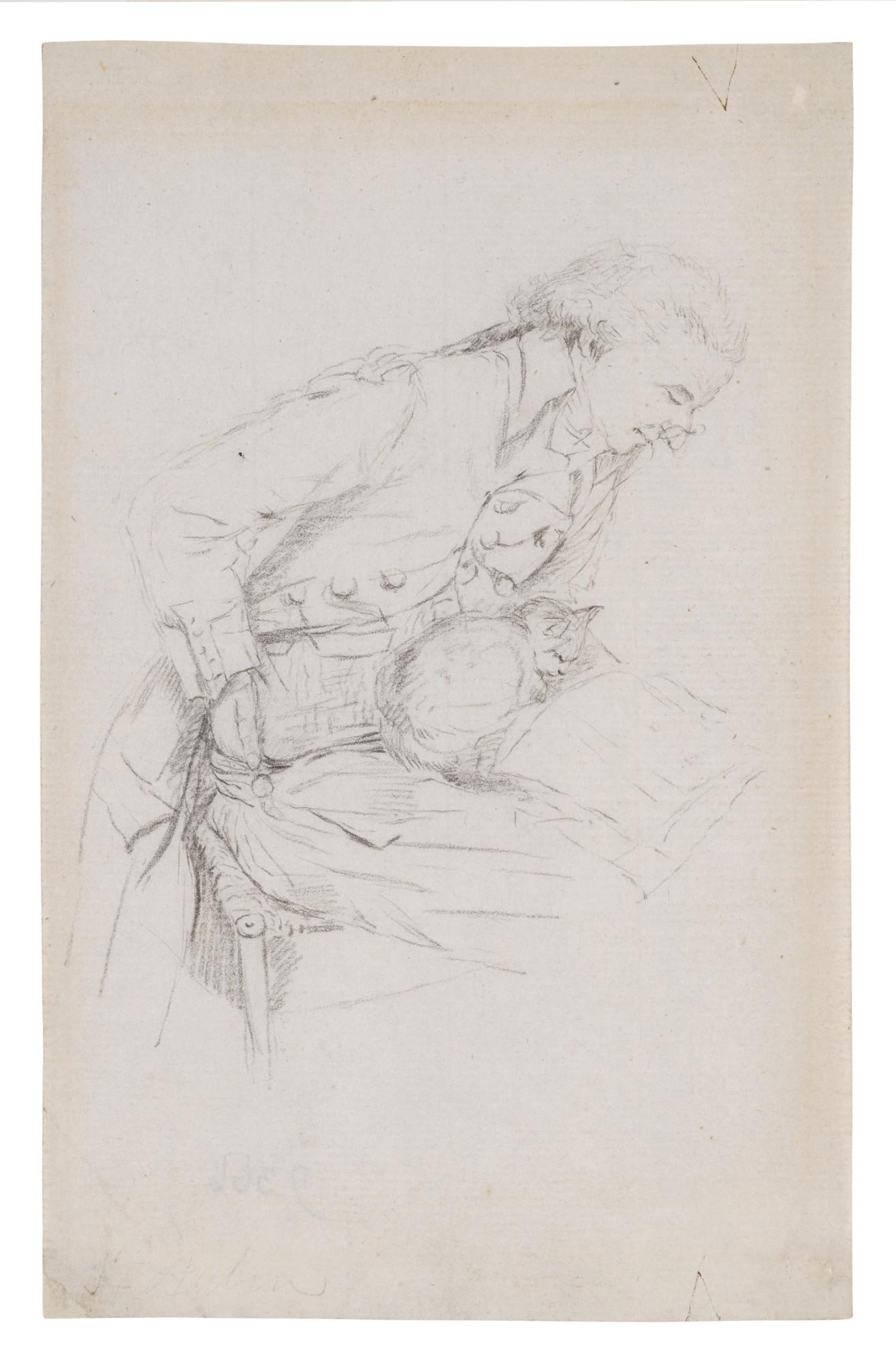 Gabriel-Jacques de Saint-Aubin - Study of a seated man reading, with a cat on his lap