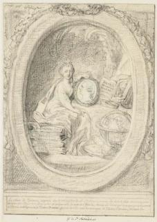 Gabriel-Jacques de Saint-Aubin - The Muse of History carrying a portrait of Monsieur Philippe: for Spectacle de l\'Histoire Romaine