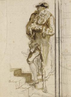 Gabriel-Jacques De Saint-Aubin - Un officier sur des marches, ses mains dans un manchon