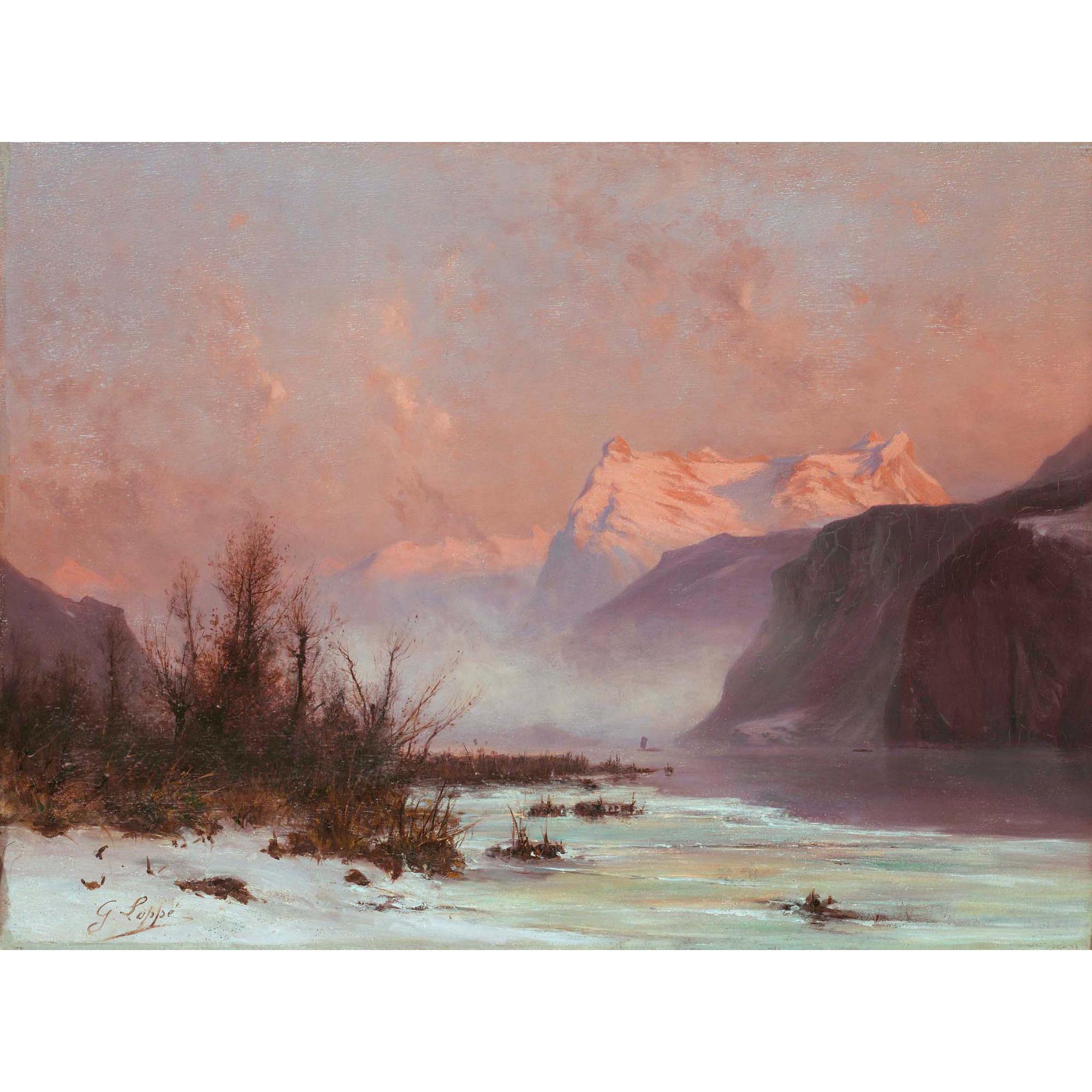 Gabriel Loppé - Paysage En Hiver Au Bord Du Lac Avec Montagnes Winter Landscape At The Lake With Mountains