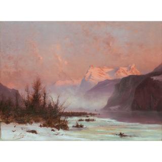 Gabriel Loppé - Paysage En Hiver Au Bord Du Lac Avec Montagnes Winter Landscape At The Lake With Mountains