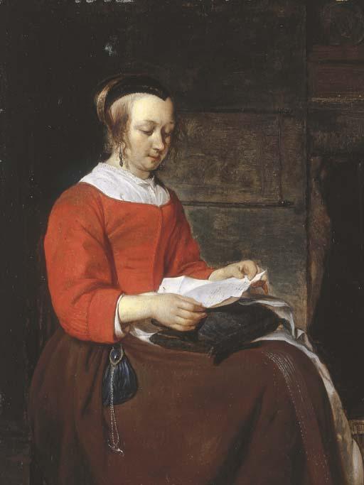 Gabriel Metsu - A young woman seated in an interior, reading a letter