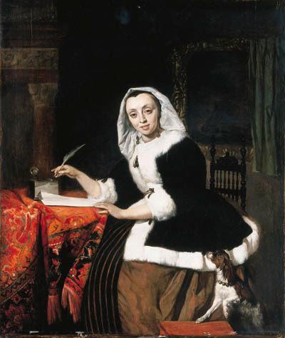 Gabriel Metsu - An elegant lady writing at her desk, with a dog beside her