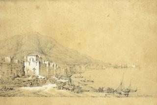 Gabriele Carelli - Veduta di Castellammare, 1841 firmato e datato Gabriele Carelli, 1841 matita e biacca su carta mm 255x380  Attribuito ad Achille Vianelli (1803-1894) Pescatori e barche a riva matita, biacca e acquarelli mm 185x245 	 (2)