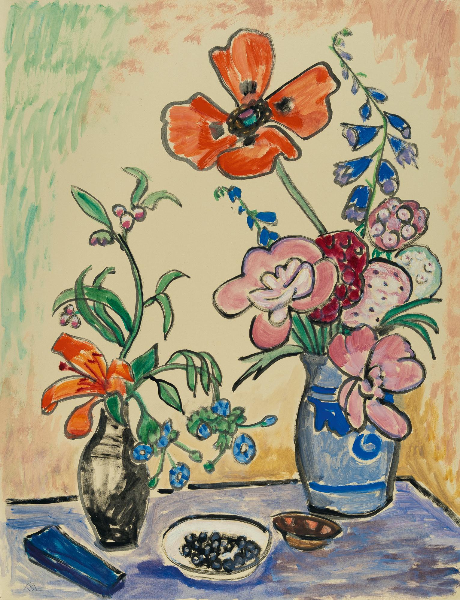 Gabriele Münter - Blumen und schwarze Beeren (Zwei Vasen mit Gartenblumen)