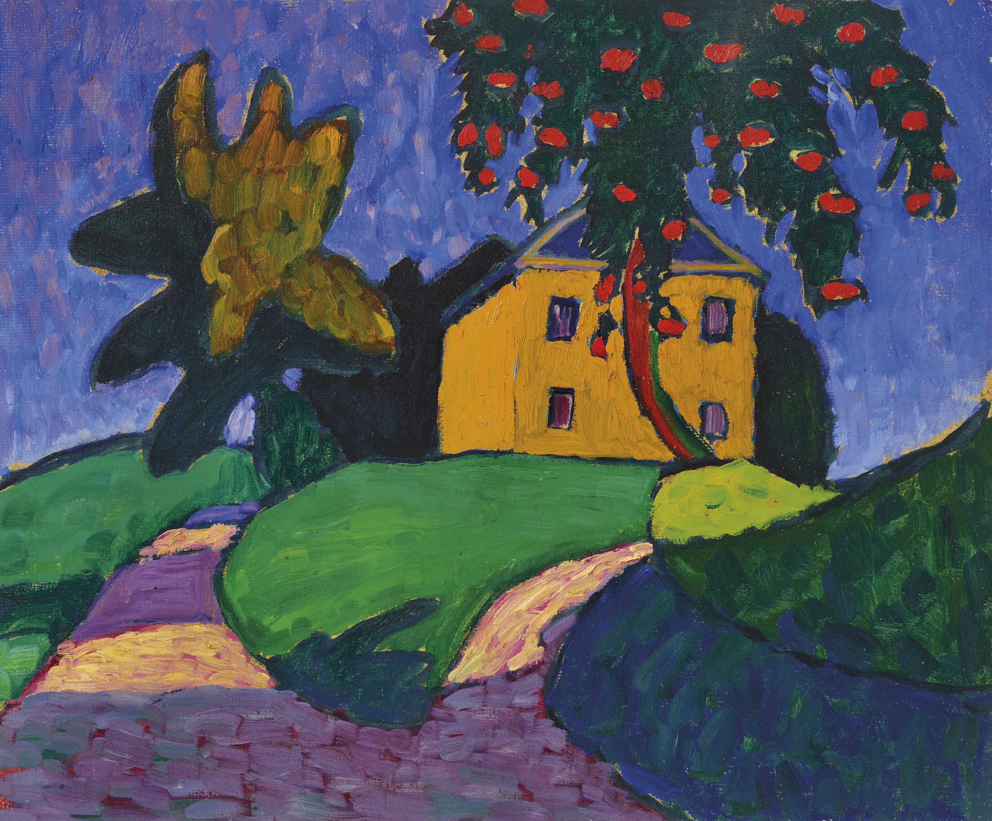 Gabriele Münter - Gelbes Haus mit Apfelbaum (recto); Landschaft (verso)
