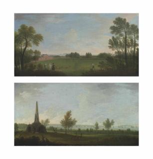 Gabriele Ricciardelli - A view of Stillorgan Park and the Obelisk, Dublin bay and the harbour beyond; and A view of Stillorgan House, Co. Dublin, with elegant figures and Dublin bay beyond