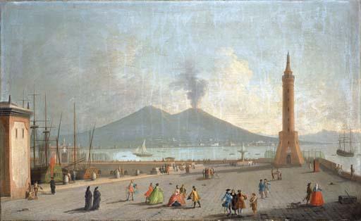 Gabriele Ricciardelli - The Lanterna del Molo, Naples, with figures, the bay and Vesuvius beyond