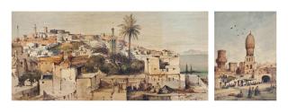 Gabrielle Carelli - Arabs On The Rooftops Of Tangier, The Strait Of Gibraltar Beyond; And Arabs Selling Goods At The Walls Of Tangier