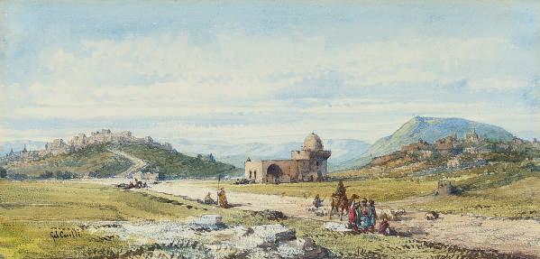 Gabrielle Carelli - Figures, sheep and a camel before a Middle Eastern hillside village