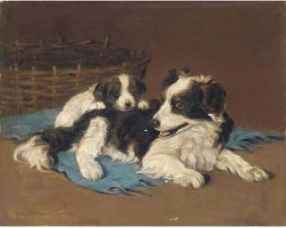 Gabrielle Rainer Istvanffy - Collie and her pup by a basket