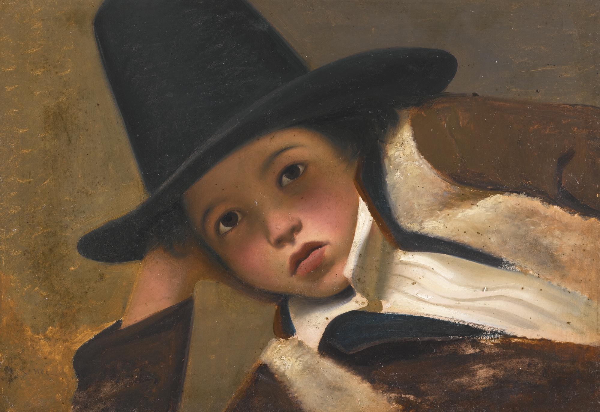 Gaetano Chierici - Portrait Study Of A Young Boy In A Black Hat, Bust-Length