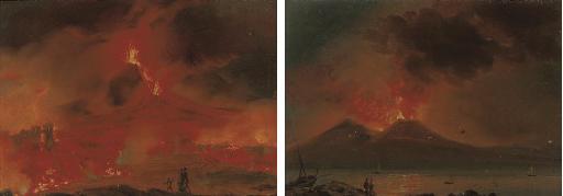 Gaetano Dura - Travellers before Vesuvius, the eruption of 1850; and Figures on the Bay of Naples, Vesuvius beyond