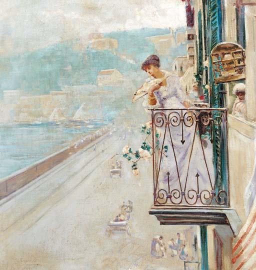 Gaetano Esposito - A Lady Looking Out Over The Bay Of Naples From Her Balcony