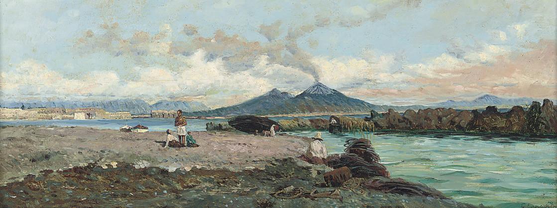 Gaetano Esposito - Relaxing on the shore, Vesuvius beyond