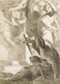 Gaetano Gandolfi - A Seated Soldier Seen From Behind, Figures By A Horse Beyond