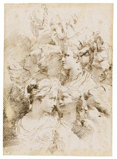 Gaetano Gandolfi - A Sheet Of Studies Of Heads Of Women With Elaborate Hair Styles