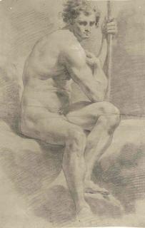 Gaetano Gandolfi - An academic male nude, seated, leaning on a staff