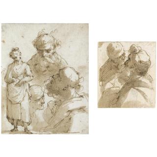 Gaetano Gandolfi - Two Studies On One Mount:  A) Two Male Heads, One Wearing A Turban; B) Figure Studies, Old Men And A Standing Young Woman