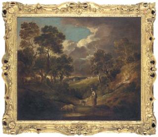 Gainsborough Dupont - A Wooded Landscape With A Figure And Livestock By A Lake In The Foreground