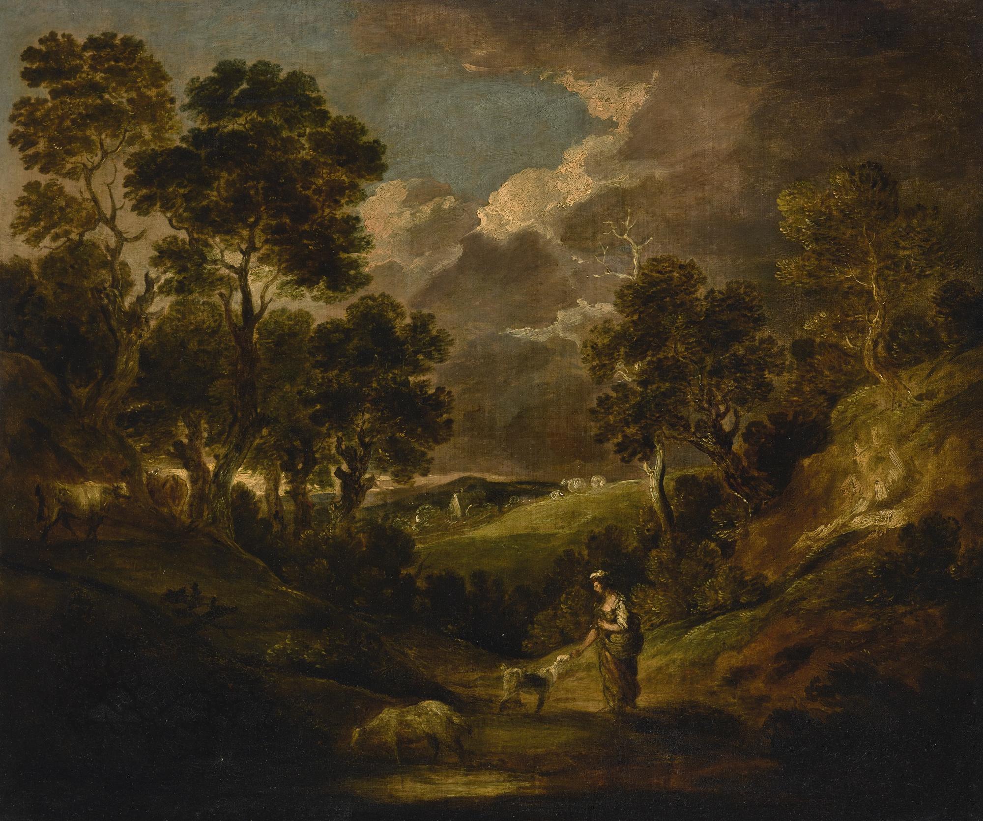 Gainsborough Dupont - A Wooded Landscape With A Peasant Girl Feeding A Dog, With A Goat, Cows And Sheep On A Distant Hillside
