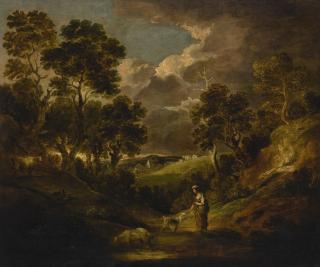 Gainsborough Dupont - A Wooded Landscape With A Peasant Girl Feeding A Dog, With A Goat, Cows And Sheep On A Distant Hillside