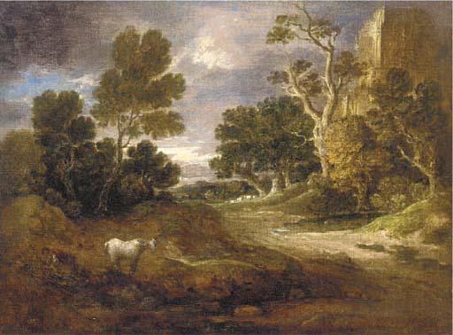 Gainsborough Dupont - A wooded landscape with a ruined tower, woodcutter, horse and sheep