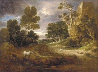 Gainsborough Dupont - A wooded landscape with a ruined tower, woodcutter, horse and sheep