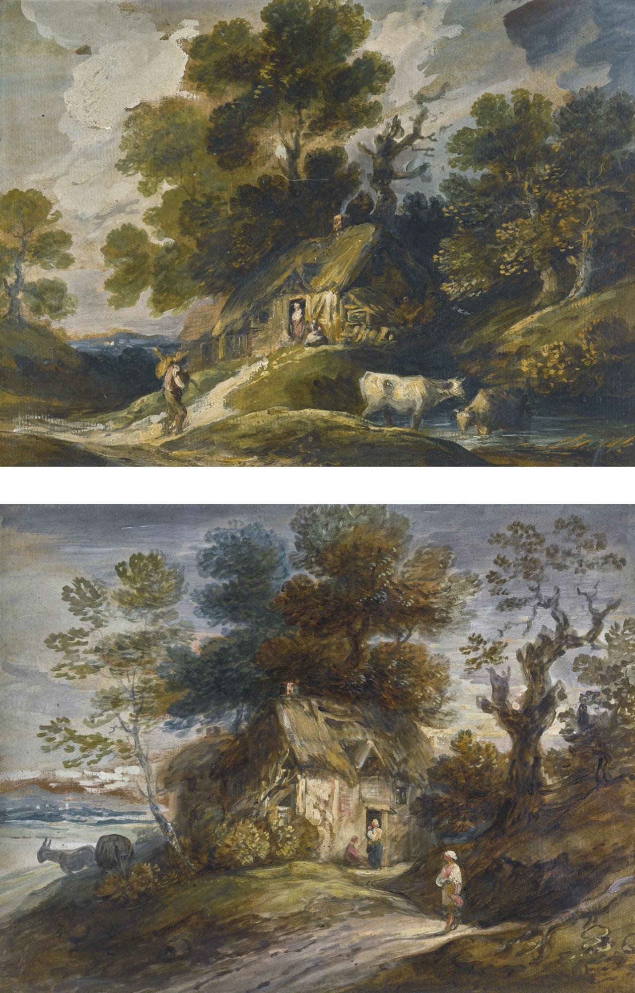 Gainsborough Dupont - Britisha Wooded Landscape With A Herdsman And Cattle, A Distant Village Beyond; Together With A Cottage With Figures And Donkeys