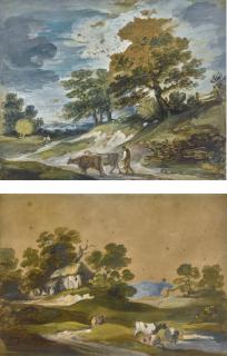Gainsborough Dupont - Britisha Woodland Cottage By A Pond; Together With A Landscape With Cattle, Figures And Cottage Beyond