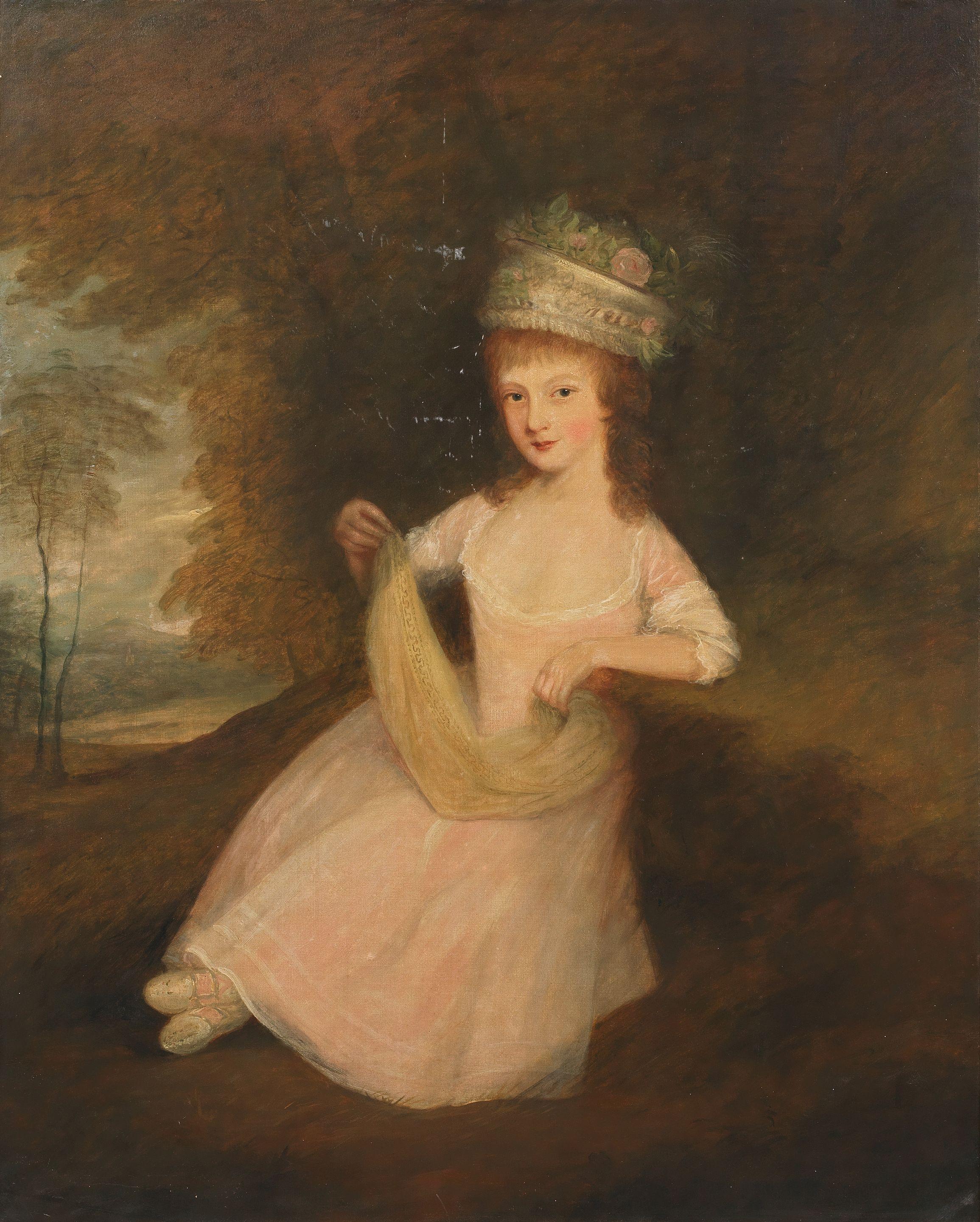 Gainsborough Dupont - Portrait of Anne Smyth, in a white dress and hat, holding her pinafore in her right hand