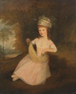 Gainsborough Dupont - Portrait of Anne Smyth, in a white dress and hat, holding her pinafore in her right hand