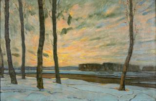 Galileo Chini - Mattino d\'Inverno sull\'Arno framed 84.5 x 117.0 x 6.0 cm (33 1/4 x 46 x 2 3/8 in).