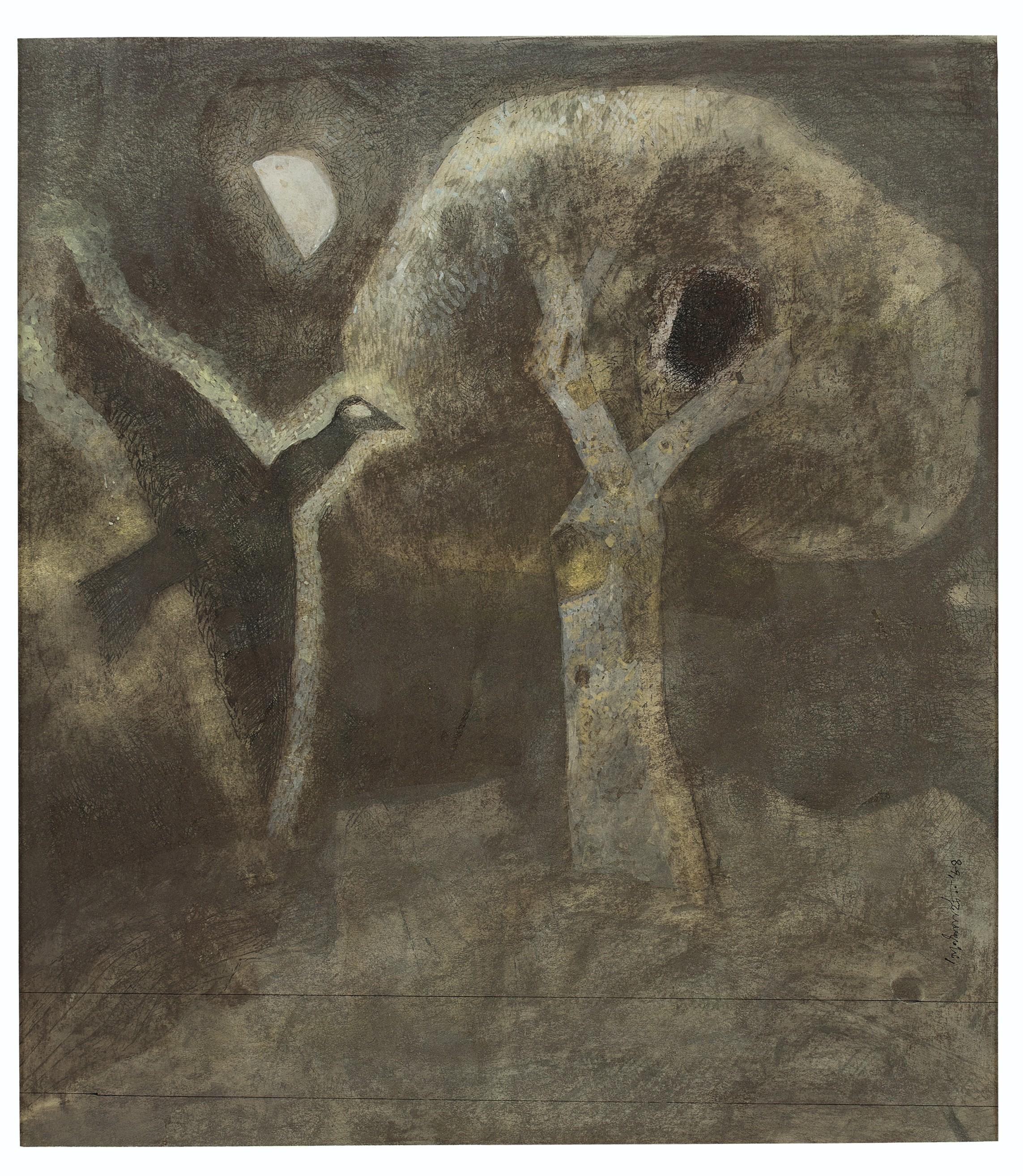 Ganesh Pyne - Untitled (Bird in Moonlight)