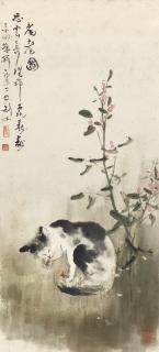 Gao Jianfu - Cat And Butterfly By Flowers