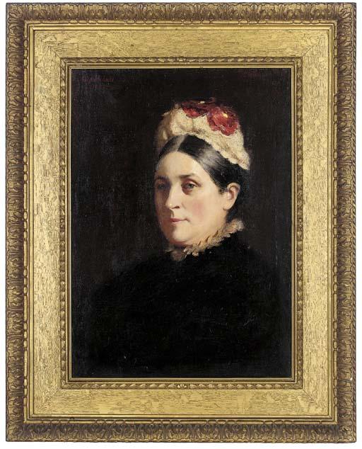 Garden Grant Smith - Portrait of Eliza Horne, bust-length, in a black dress with red flowers in her hat