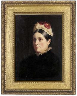 Garden Grant Smith - Portrait of Eliza Horne, bust-length, in a black dress with red flowers in her hat