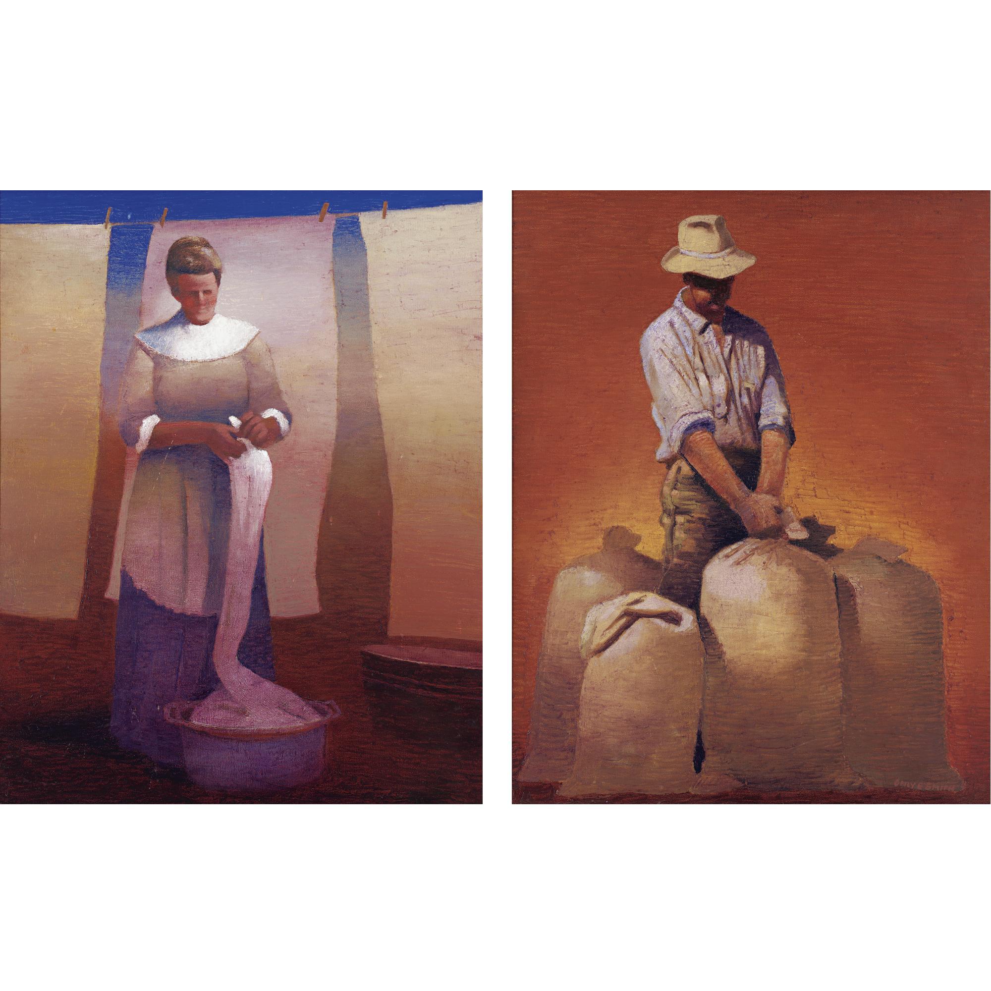 Gary Ernest Smith - Farmer With Stacks Of Grain And Laundry Woman:  Two Paintings