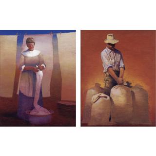 Gary Ernest Smith - Farmer With Stacks Of Grain And Laundry Woman:  Two Paintings
