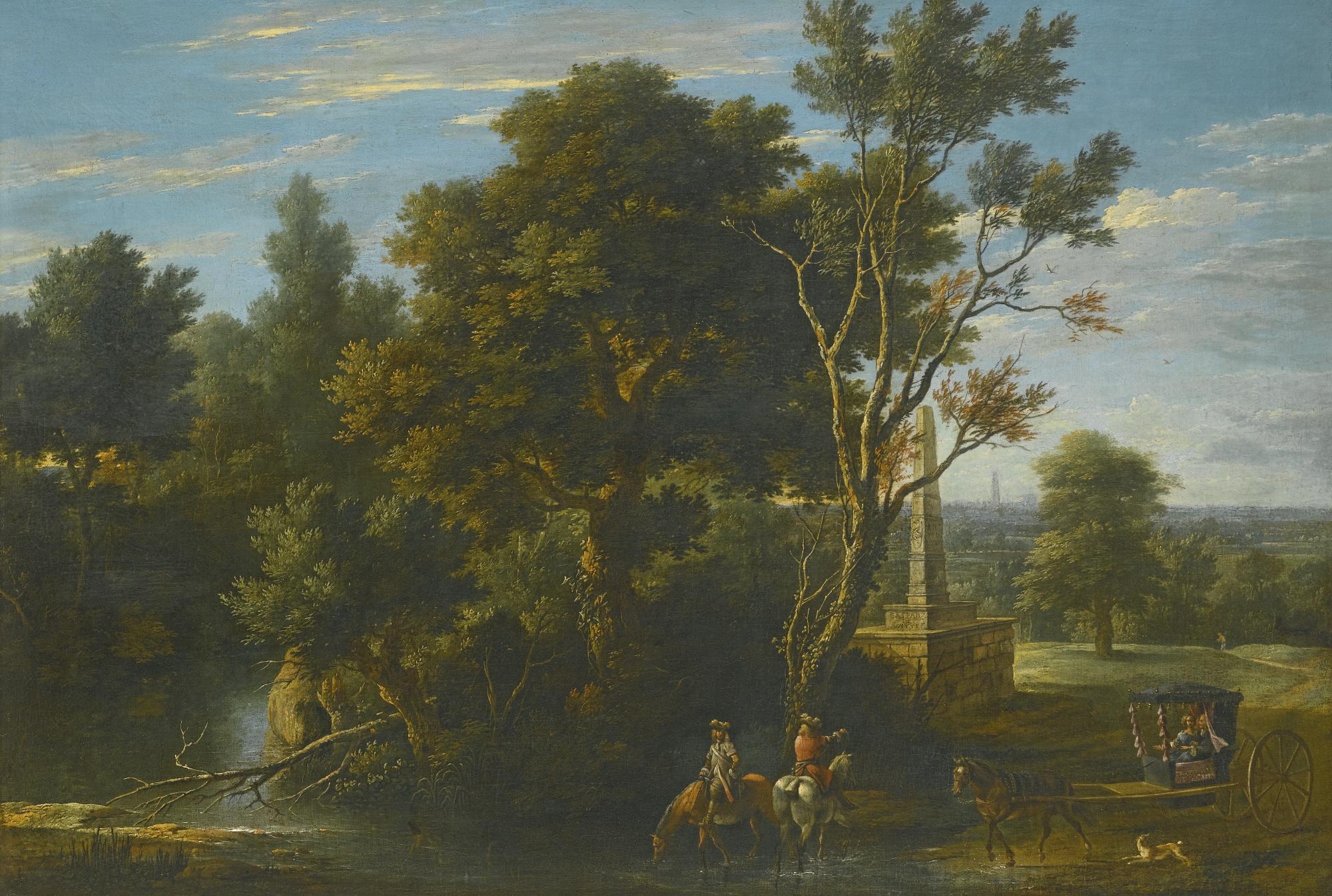 Gaspar De Witte - A Landscape With Travellers Stopping To Rest By A River