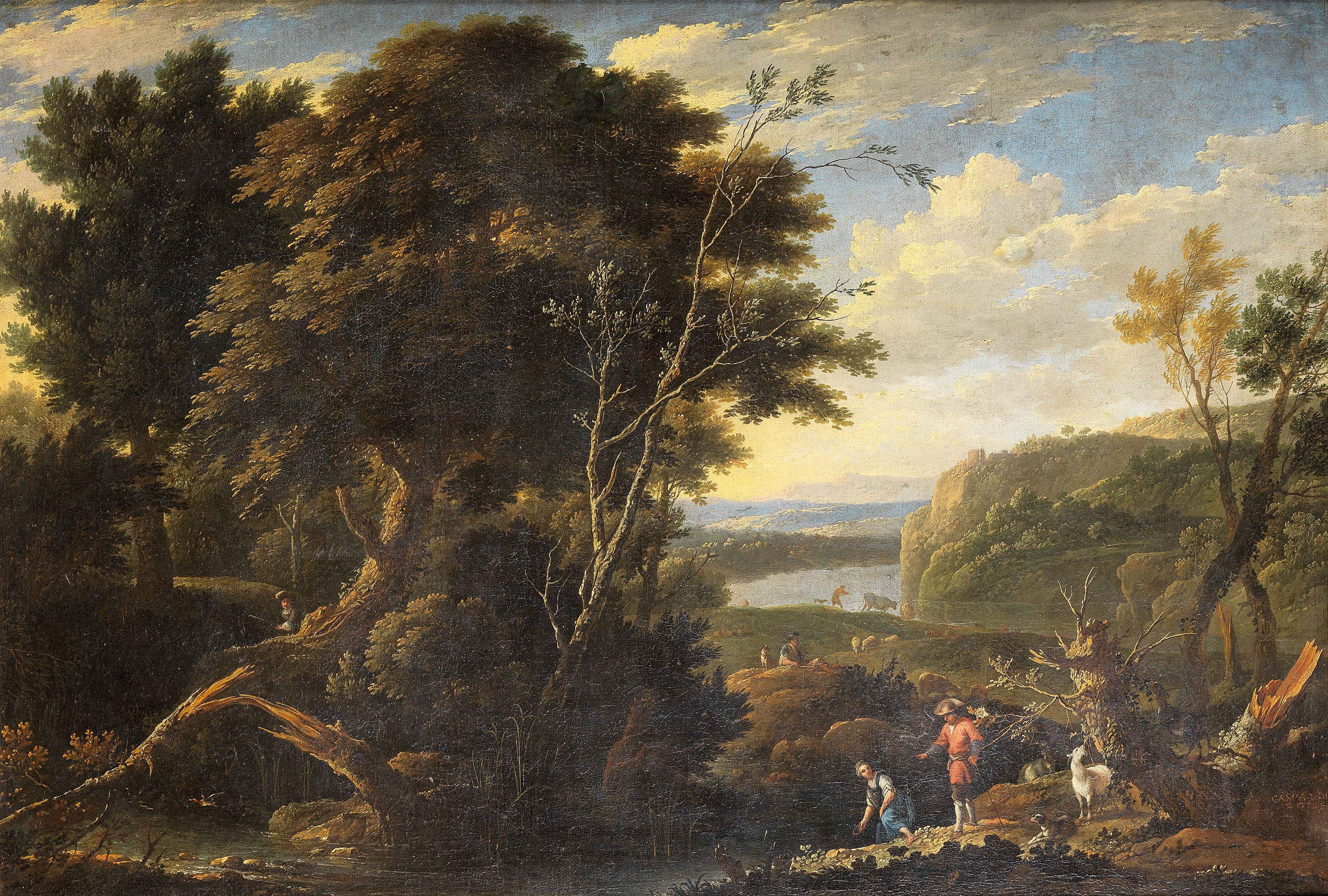 Gaspar De Witte - An Italianate landscape with drovers by a river