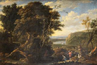 Gaspar De Witte - An Italianate landscape with drovers by a river
