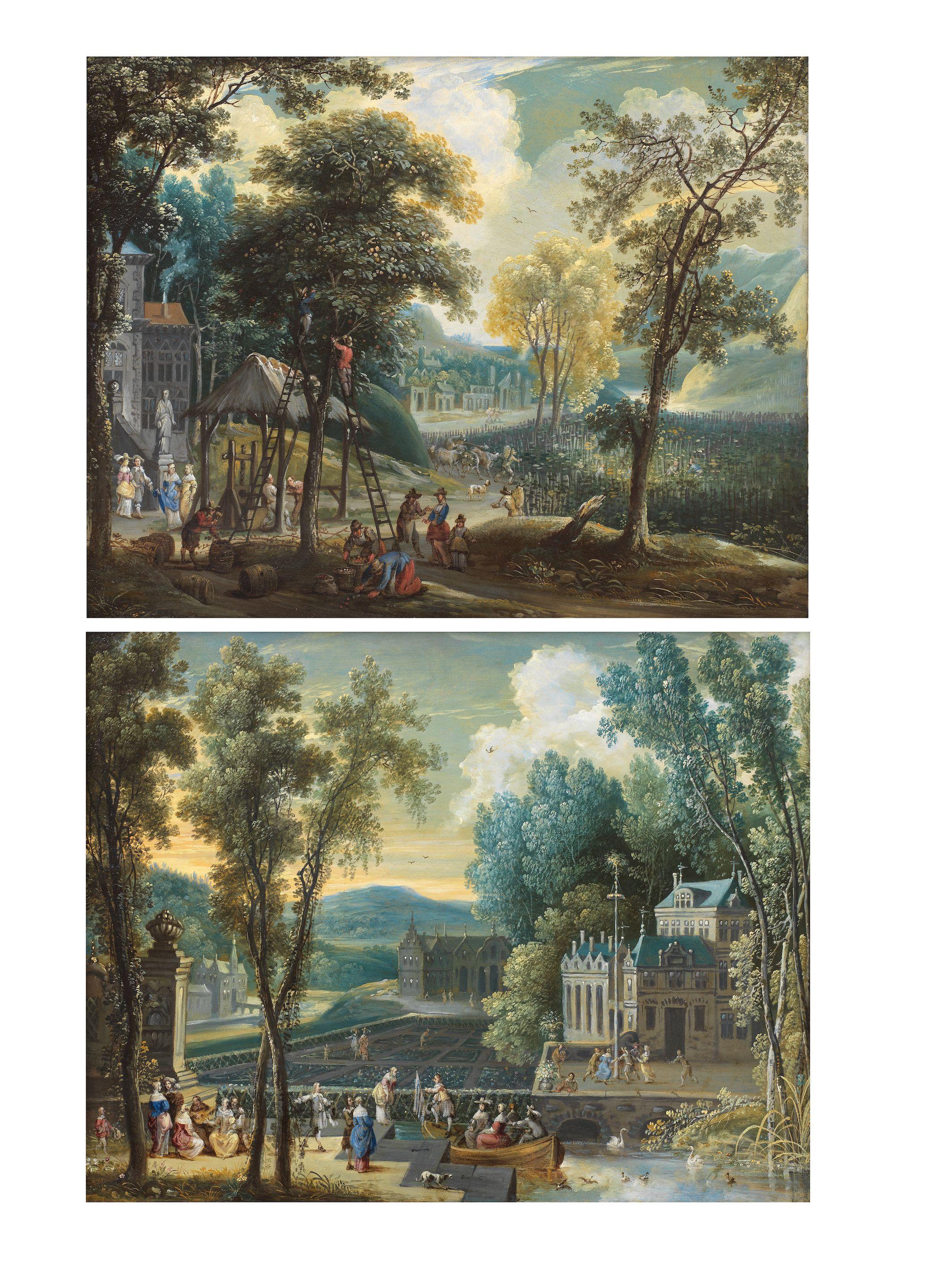 Gaspar de Witte - Spring: elegant figures on a boating lake, others dancing around a Maypole; and Autumn: figures harvesting apples (2)