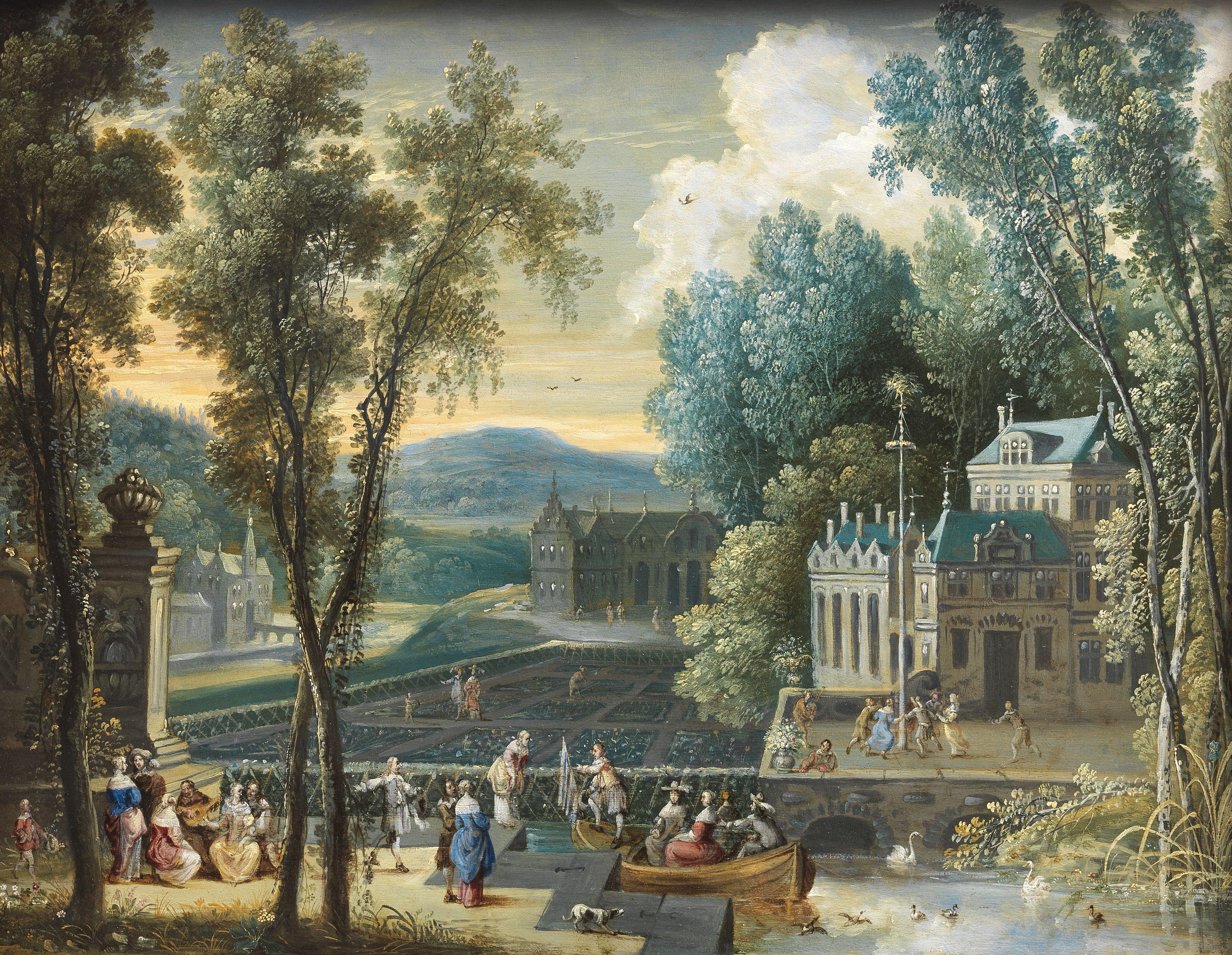 Gaspar de Witte - Spring: elegant figures on a boating lake, others dancing around a Maypole; and Autumn: figures harvesting apples