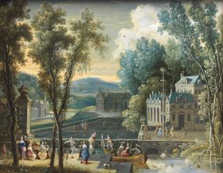 Gaspar de Witte - Spring: elegant figures on a boating lake, others dancing around a Maypole; and Autumn: figures harvesting apples