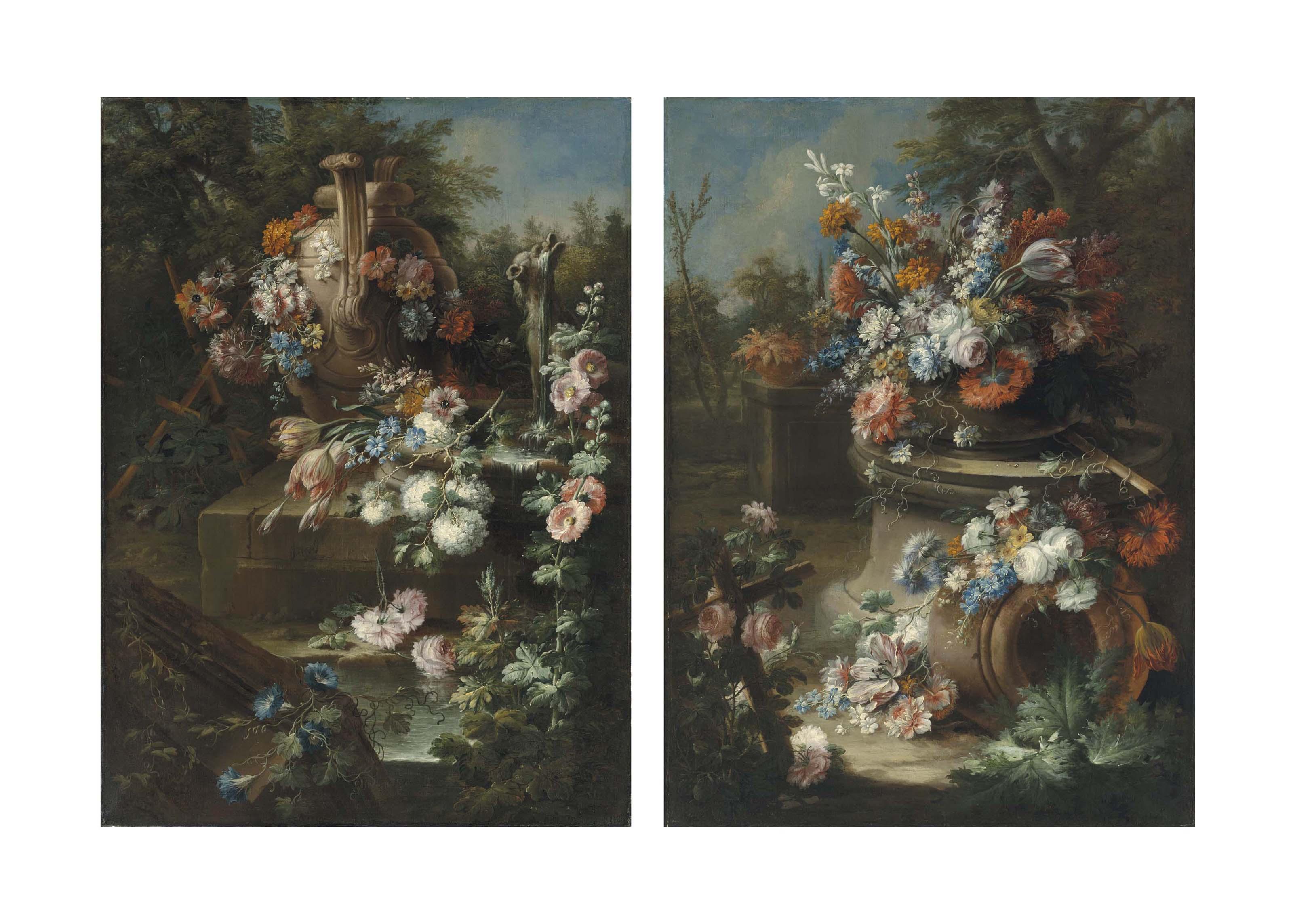 Gaspar Lopez - An urn and fountain strewn with flowers by a stream; and An urn on a pedestal brimming with flowers in a garden