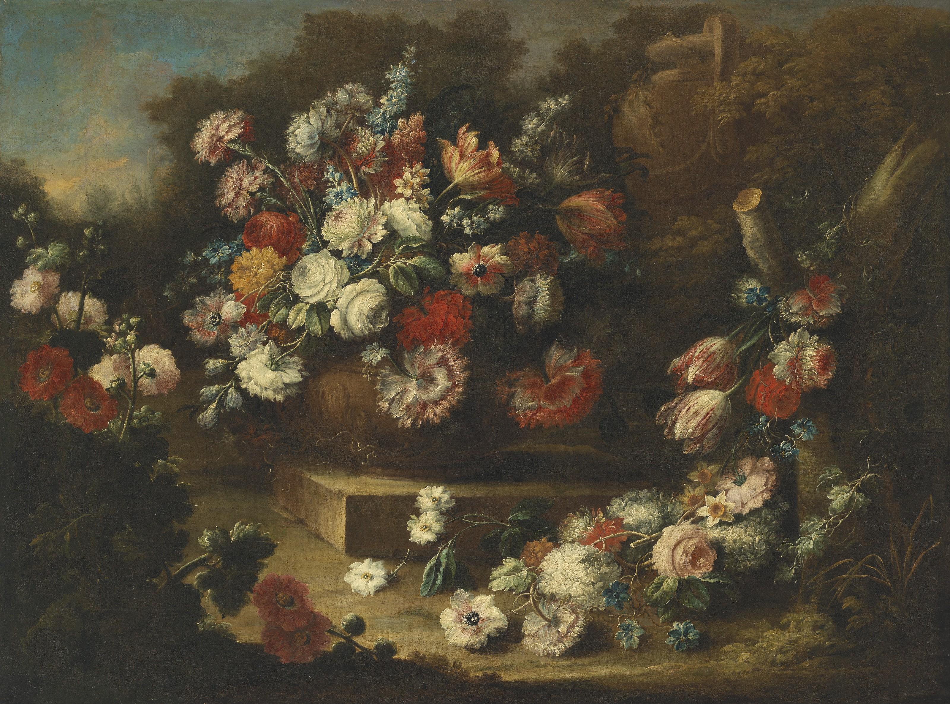 Gaspar Lopez - Flowers in an ornamental urn in a landscape