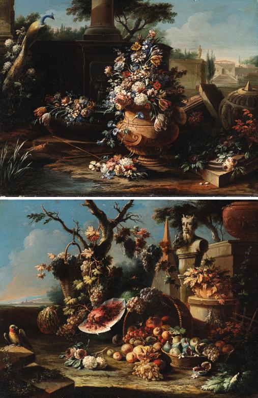 Gaspar Lopez - Flowers in an urn and a peacock in an ornamental garden; and Fruit in baskets and vines by a classical statue in an ornamental garden