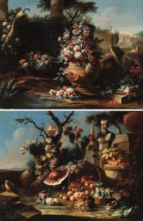 Gaspar Lopez - Flowers in an urn and a peacock in an ornamental garden; and Fruit in baskets and vines by a classical statue in an ornamental garden